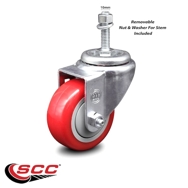 3 Inch Red Polyurethane Wheel Swivel 10mm Threaded Stem Caster SCC